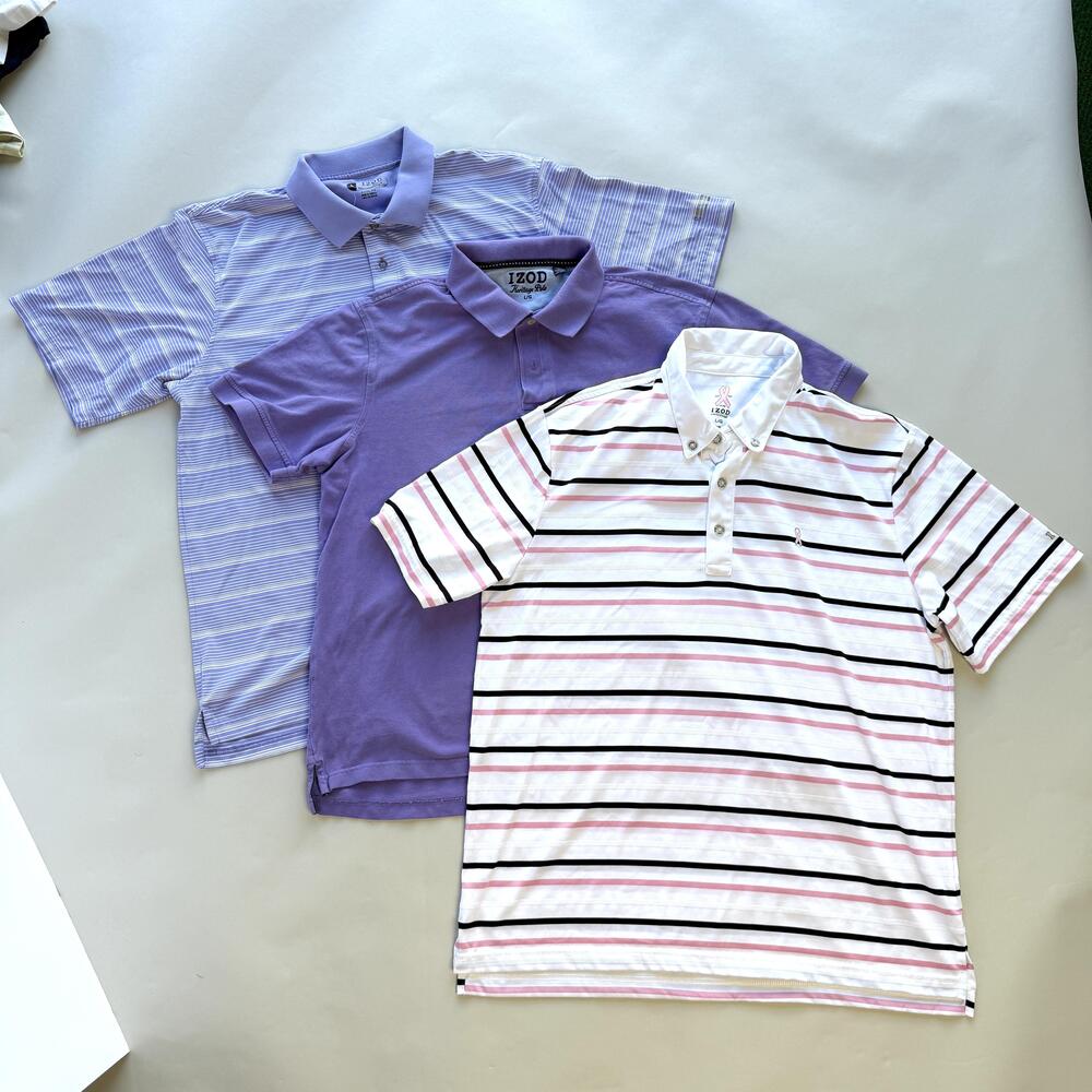 IZOD Polo Shirt Lot Mens Large 3 pc Golf Performance Striped Purple Short Sleeve